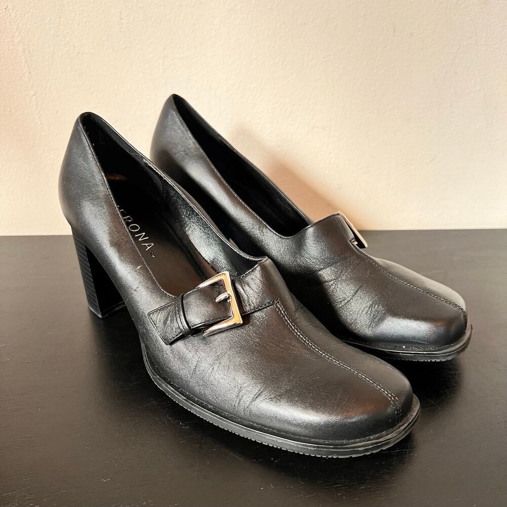 Merona Black 90s Style Genuine Leather Block Heel Buckle Shoes 9